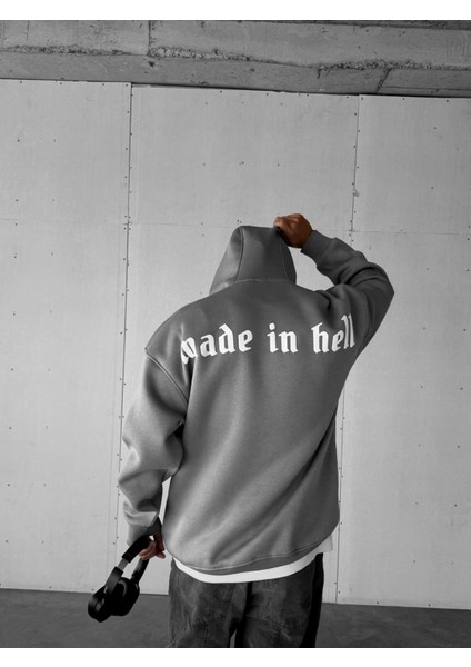 Erkek Oversize Made In Hell Baskılı Premium Kapüşonlu Sweatshirt Gri