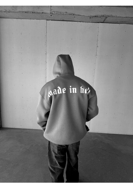 Erkek Oversize Made In Hell Baskılı Premium Kapüşonlu Sweatshirt Gri