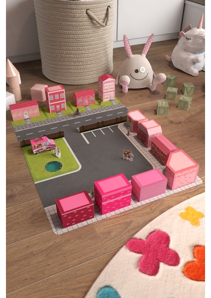 Çocuklar Için Maket Şehir Aktivite Oyun Alanı - Aile Çocuk Etkinliği Oyuncağı - Pembe Maket Şehir