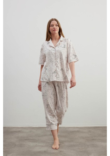 Kadın Plus Size Pamuklu Gömlek Midi Pijama Takımı