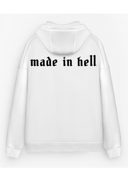 Erkek Oversize Made In Hell Baskılı Premium Kapüşonlu Sweatshirt Ekru