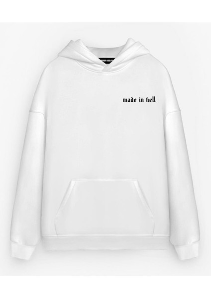 Erkek Oversize Made In Hell Baskılı Premium Kapüşonlu Sweatshirt Ekru