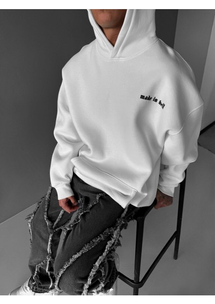 Erkek Oversize Made In Hell Baskılı Premium Kapüşonlu Sweatshirt Ekru