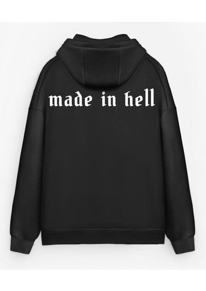 Erkek Oversize Made In Hell Baskılı Premium Kapüşonlu Sweatshirt Siyah