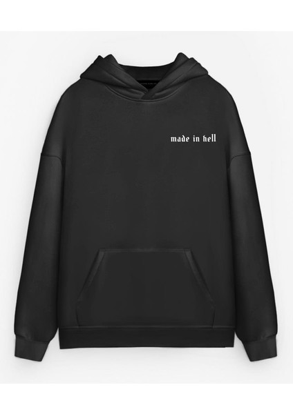 Erkek Oversize Made In Hell Baskılı Premium Kapüşonlu Sweatshirt Siyah