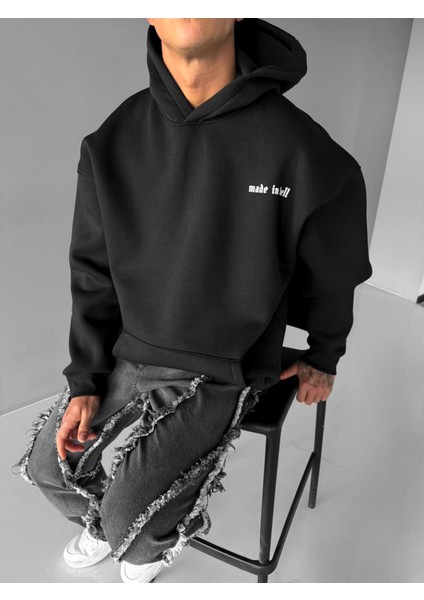 Erkek Oversize Made In Hell Baskılı Premium Kapüşonlu Sweatshirt Siyah