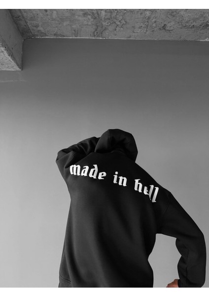 Erkek Oversize Made In Hell Baskılı Premium Kapüşonlu Sweatshirt Siyah
