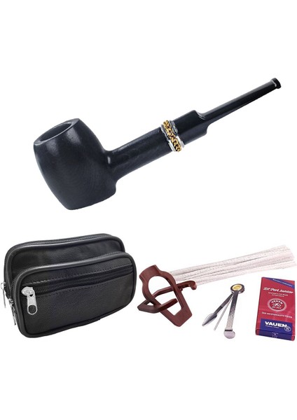 9 Mm. Metal Bilezikli Maun Düz Sap Ahşap Pipo Seti RD33-Takım