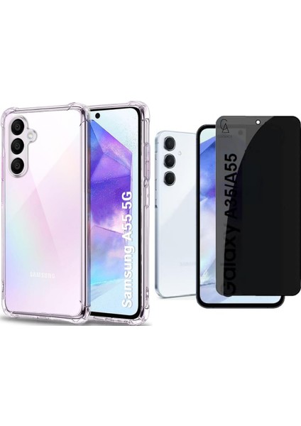 Samsung Galaxy A55 Uyumlu Köşe Dolgulu Anti Shock Telefon Kılıfı ve Hayalet Privacy Ekran Koruyucu