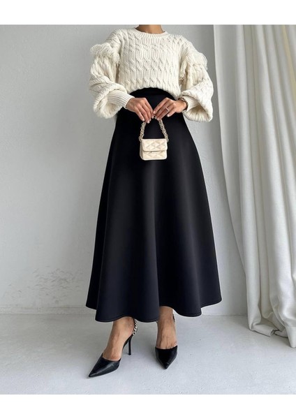 Kadın Scuba Krep Bel Lastikli Kiloş Etek Siyah