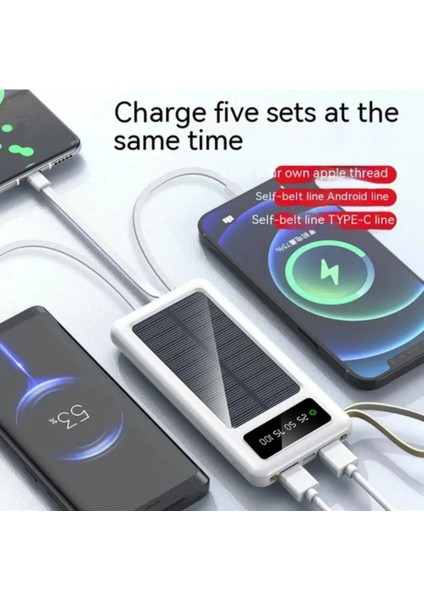 10.000 mAh Güneş Enerjili LED Işıklı Powerbank Şarj Aleti 4x USB Çıkışlı Mikro Typ-C
