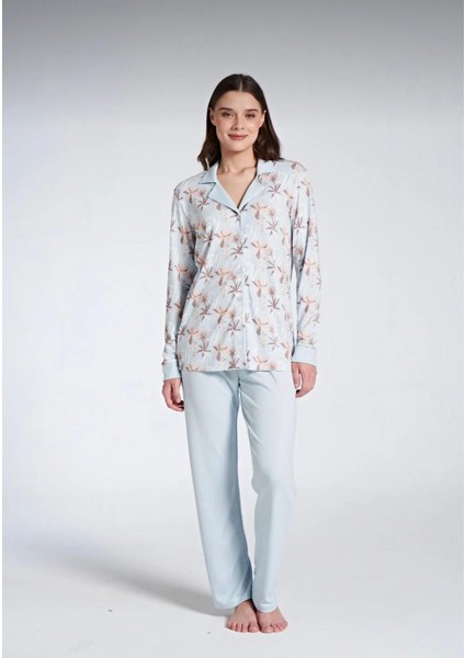 Kadın Uzun Kol Büyük Beden Önden Düğmeli Pijama Takımı