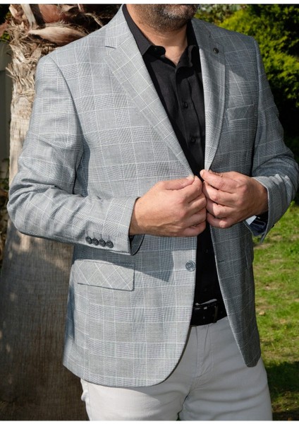 Ekose Erkek Spor Açık Gri Renk Ceket 1204
