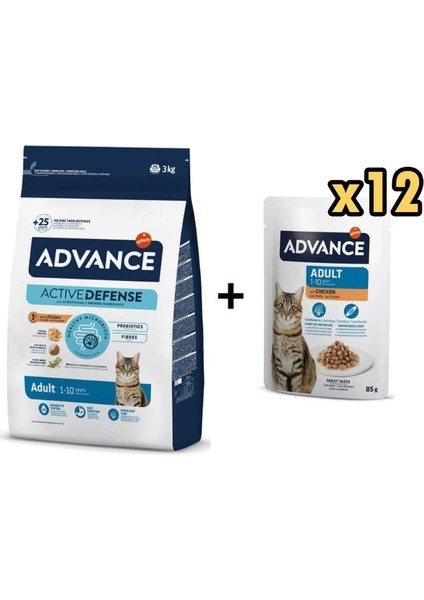Tavuklu Yetişkin Kedi Maması 3 kg + 12 Adet Advance Tavuklu Yetişkin Kedi Pouch Yaş Maması 85 gr