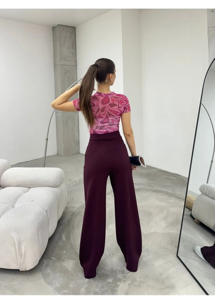 Kadın Bordo Likralı Palazzo Salaş Geniş Paça Pantolon modelleri