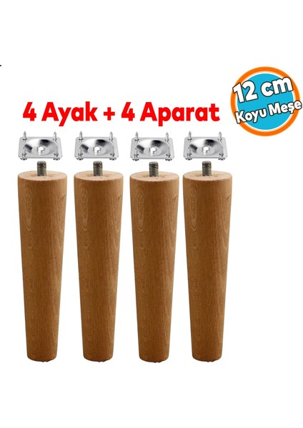 Ahşap Ayak Bağlantı Aparatlı Mobilya Koltuk Kanepe Sehpa Masa Ayağı Ayakları 4'lü Set M8 Civatalı Ahşap 12 cm