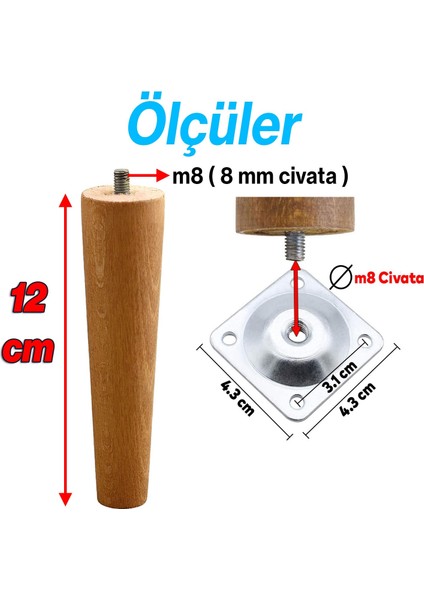 Ahşap Ayak Bağlantı Aparatlı Mobilya Koltuk Kanepe Sehpa Masa Ayağı Ayakları 4'lü Set M8 Civatalı Ahşap 12 cm
