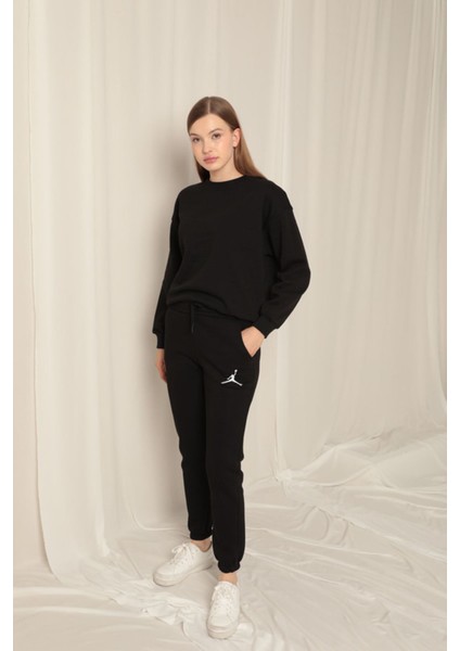 Üç Iplik Kadın Paçası Beli Lastikli Nakışlı Siyah Eşofman fiyatları