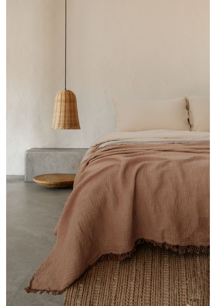 Cocoon %100 Pamuk 4 Kat Müslin Çift Kişilik Yatak Örtüsü Şeftali / Toz Pembe 200x220
