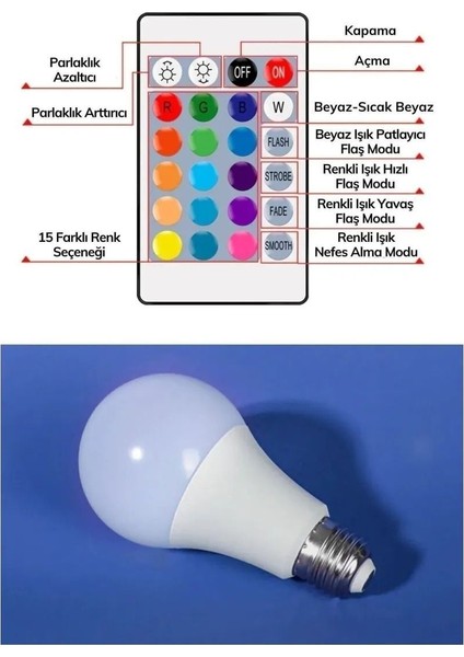 Uzaktan Kumandalı LED Ampul Renkli Ampül Rgb LED Renk Değiştiren LED Ampul Dimmerli 9W Rgb