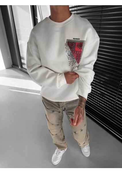 Erkek Oversize Desen Yamalı Sweatshirt Ekru fiyatları