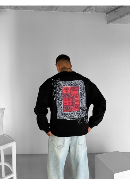 Erkek Oversize Desen Yamalı Sweatshirt Siyah