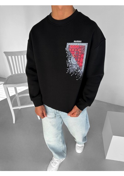 Erkek Oversize Desen Yamalı Sweatshirt Siyah