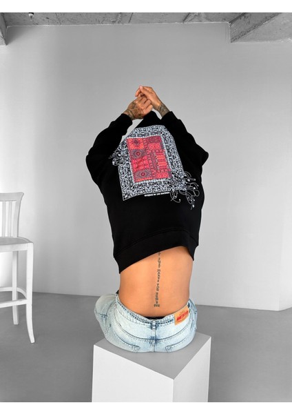 Erkek Oversize Desen Yamalı Sweatshirt Siyah