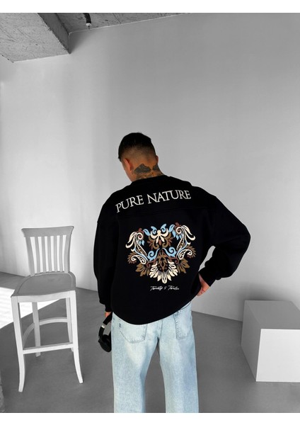 Erkek Oversize Yuvarlak Yaka Nakışlı Sweatshirt Siyah