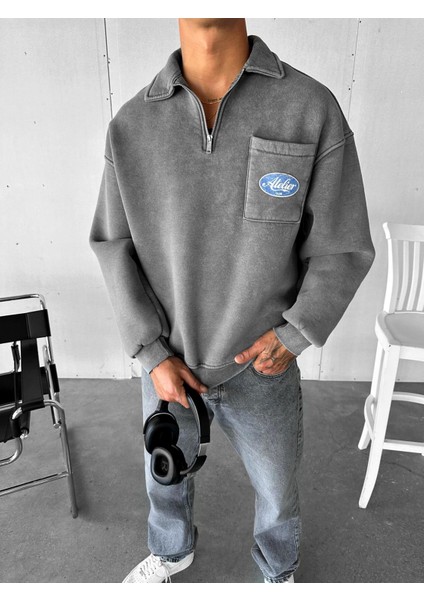 Erkek Oversize Önü Cepli Yarım Fermuarlı Sweatshirt Gri
