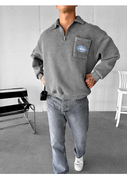 Erkek Oversize Önü Cepli Yarım Fermuarlı Sweatshirt Gri