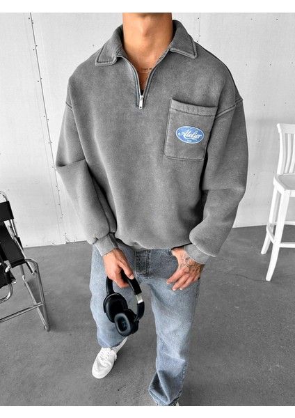 Erkek Oversize Önü Cepli Yarım Fermuarlı Sweatshirt Gri