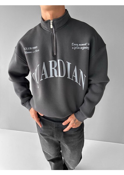 Erkek Oversize Yarım Fermuarlı Dik Yakalı Baskılı Sweatshirt Antrasit