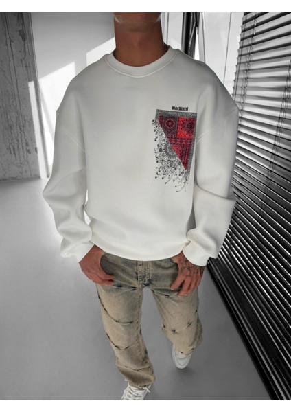 Erkek Oversize Desen Yamalı Sweatshirt Ekru