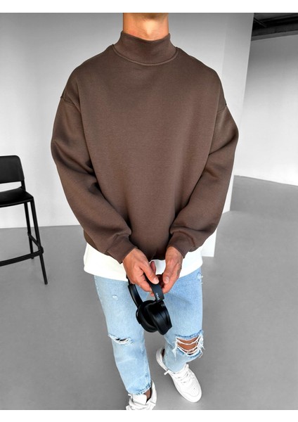 Erkek Rahat Kalıp Basic Uzun Kollu Sweatshirt Kahve
