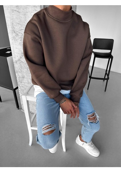 Erkek Rahat Kalıp Basic Uzun Kollu Sweatshirt Kahve modelleri