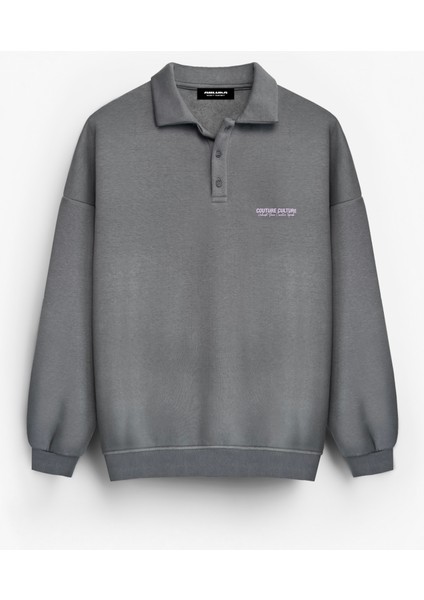 Erkek Rahat Kalıp Baskılı Polo Yaka Sweatshirt Gri