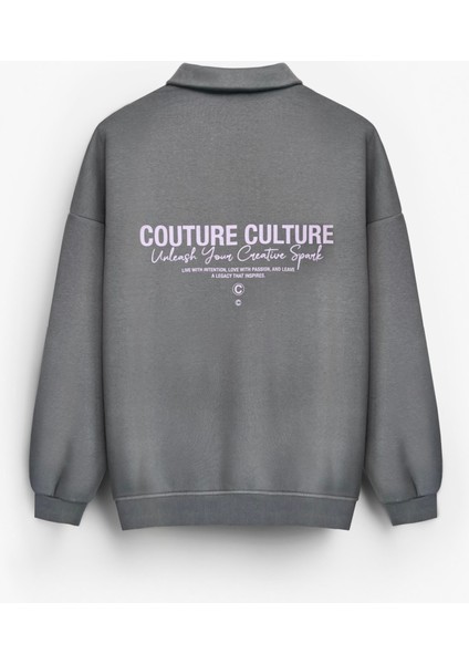 Erkek Rahat Kalıp Baskılı Polo Yaka Sweatshirt Gri
