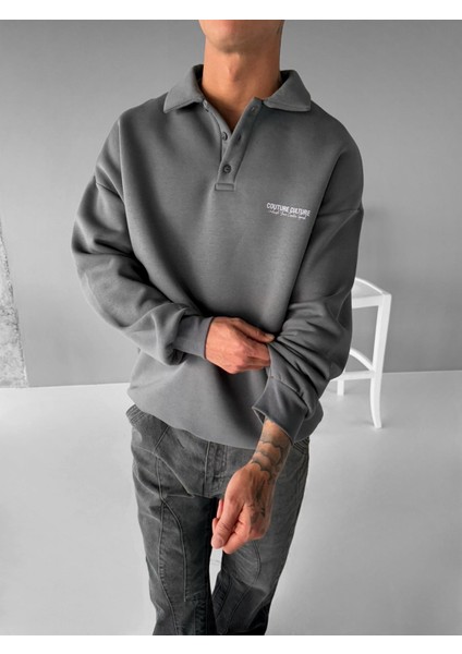 Erkek Rahat Kalıp Baskılı Polo Yaka Sweatshirt Gri