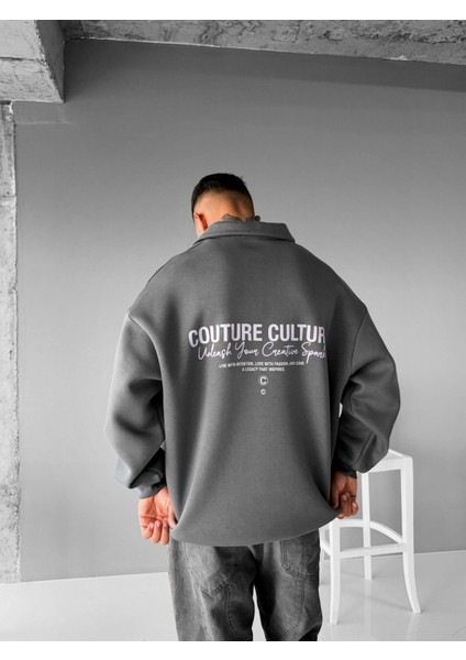 Erkek Rahat Kalıp Baskılı Polo Yaka Sweatshirt Gri