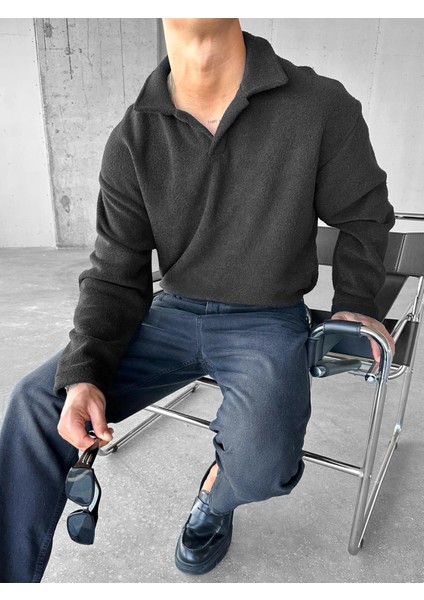 Erkek Polo Yaka Polar Sweatshirt Siyah