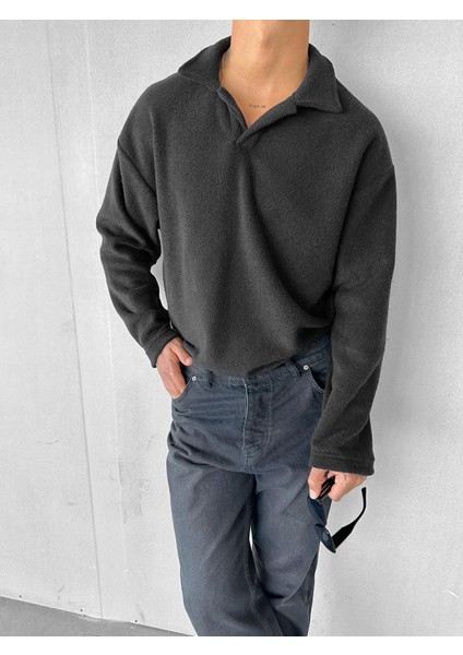 Erkek Polo Yaka Polar Sweatshirt Siyah modelleri