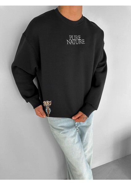 Erkek Oversize Yuvarlak Yaka Nakışlı Sweatshirt Siyah