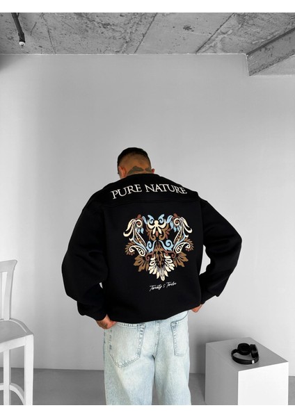 Erkek Oversize Yuvarlak Yaka Nakışlı Sweatshirt Siyah