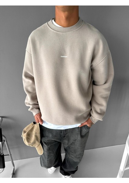 Erkek Rahat Kalıp Baskılı Yuvarlak Yaka Sweatshirt Taş