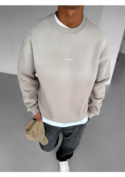 Erkek Rahat Kalıp Baskılı Yuvarlak Yaka Sweatshirt Taş