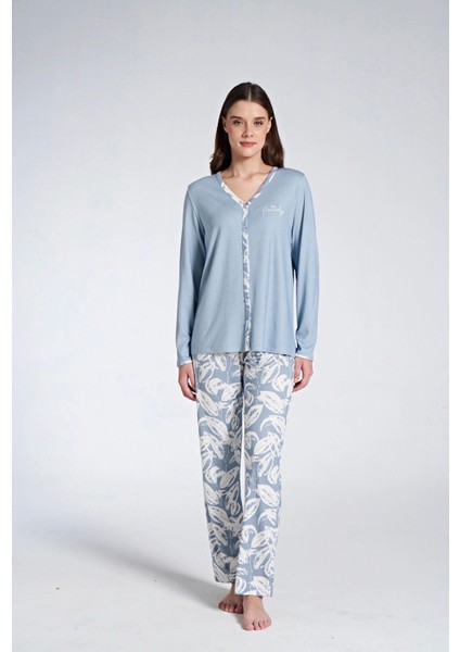 Kadın Uzun Kol Büyük Beden Önden Düğmeli Yakasız Pijama Takımı