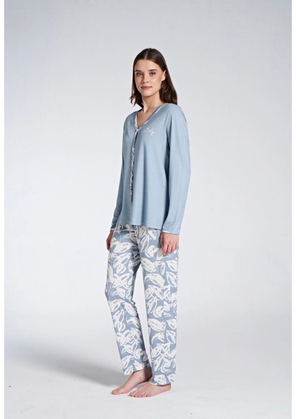 Kadın Uzun Kol Büyük Beden Önden Düğmeli Yakasız Pijama Takımı fiyatları