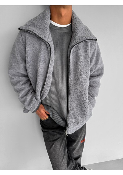 Unisex Oversize Dik Yaka Peluş Ceket Açık Gri modelleri