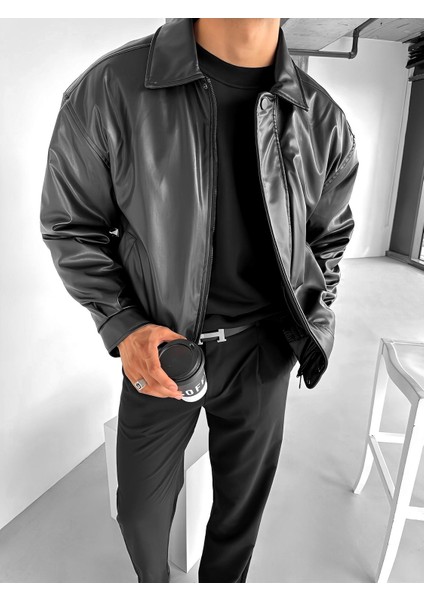 Erkek Oversize Premium Basic Deri Ceket Siyah